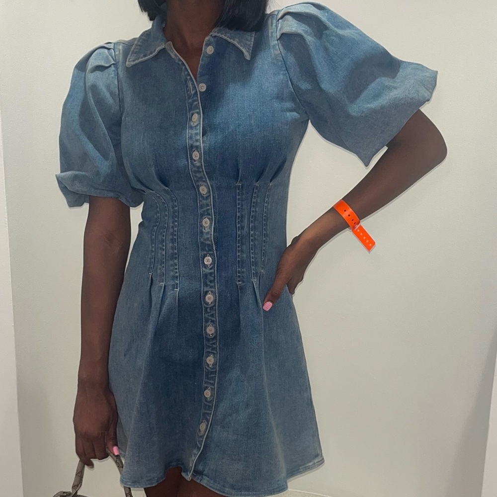 Denim Puff Sleeve Corset Button Up Mini Dress